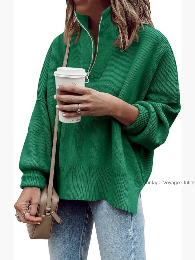 Oversized Ribbed Pullover Sweater Quarter Zip Long Sleeve Tunic Slouchy Knit